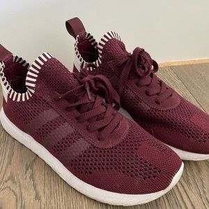 Maroon and white adidas fly knit sneakers